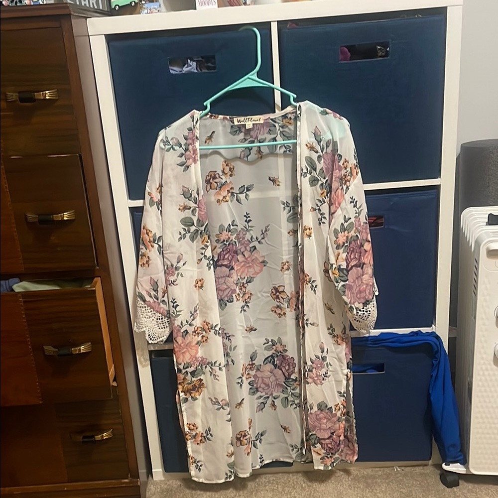 Floral Kimono Cardigan with Lace Trim